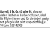 Overall, 2 St. Gr. 40 oder 94, blau mit  vielen Taschen u. Reißverschlüssen, ideal für Piloten/ inn