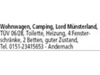 Wohnwagen, Camping, Lord Münsterland, TÜV 06/26, Toilette, Heizung, 4 Fensterschränke, 2 Betten, gu