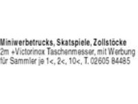 Miniwerbetrucks, Skatspiele, Zollstöcke 2m+Victorinox Taschenmesser, mit Werbung für Sammler je 1<,