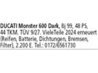 DUCATI Monster 600 Dark, BJ 99, 48 PS (Führerschein A2), 44000 km, TÜV 9/27, viele Teile 2024 erneu