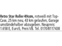 Retro Star Roller 49ccm, rotweiß mit Top-Case, 25 km neu, 43 km gelaufen, Garage umständehalber abz