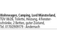 Wohnwagen, Camping, Lord Münsterland, TÜV 06/26, Toilette, Heizung, 4 Fensterschränke, 2 Betten, gu