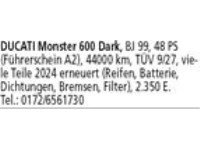 DUCATI Monster 600 Dark, BJ 99, 48 PS (Führerschein A2), 44000 km, TÜV 9/27, viele Teile 2024 erneu