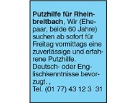 Putzhilfe für Rheinbreitbach, Wir (Ehepaar, beide 60 Jahre) suchen ab sofort für Freitag vormittags