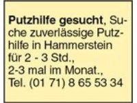 Putzhilfe gesucht, Suche zuverlässige Putzhilfe in Hammerstein für 2 - 3 Std.,  2-3 mal im Monat., 