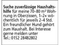 Suche Haushaltshilfe für meine 70–80 m² Wohnung in Oberzissen, 1–2× wöchentlich für je 2–4 Std. Ein