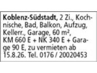 Koblenz-Südstadt, 2 Zi., Kochnische, Bad, Balkon, Aufzug, Kellerr., Garage, 60 m²,  KM 660 E + NK 3