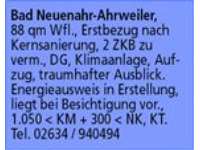 Bad Neuenahr-Ahrweiler, , 88 qm Wfl., Erstbezug nach Kernsanierung, 2 ZKB zu vermieten, DG, Klimaan