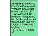 Alltagshilfe gesucht, Für ältere Dame wird in Wimbach eine Alltagshelferin auf 520 - Euro - Basis g