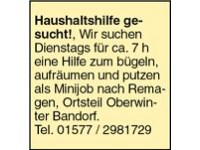 Haushaltshilfe gesucht!, Wir suchen Dienstags für ca. 7 h eine Hilfe zum bügeln, aufräumen und putz