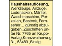 Haushaltsauflösung, Werkzeuge, Anzüge, Lederjacken, Mäntel, Waschmaschine, Porzellan, Besteck, Fern