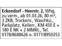 Eckendorf - Heerstr. 2, Whg. zu verm., ab 01.03.26, 80 m²,  3 ZKB, Trockenr., Waschkü., Parkplatz, 