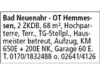 Bad Neuenahr - OT Hemmessen, 2 ZKDB, 68 m², Hochparterre, Terr., TG-Stellpl., Hausmeister betreut, 