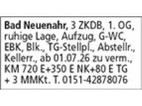 Bad Neuenahr, helle 2 ZKDB, ca. 76m², 1. OG, Balkon mit verschiebarer Glasfront, ruh. Lage, Aufzug,