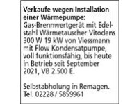Verkaufe wegen Installation einer Wärmepumpe:  Gas-Brennwertgerät mit Edelstahl Wärmetauscher Vitod