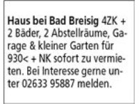 Haus bei Bad Breisig 4ZK + 2 Bäder, 2 Abstellräume, Garage & kleiner Garten für 930< + NK sofort zu