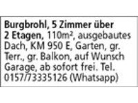 Burgbrohl, 4 Zi.,  85 m², Parterre,  Garten, Balkon,  KM 800 E.  Tel. 0157 / 73335126