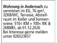 Wohnung in Andernach zu vermieten im EG, 76 qm², 3ZKB/WC, Terrasse, Abstellraum im Keller und Sonne