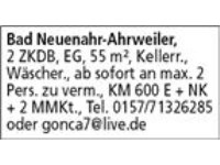 Bad Neuenahr-Ahrweiler,   2 ZKDB, EG, 55 m², Kellerr., Wäscher., ab sofort an max. 2 Pers. zu verm.