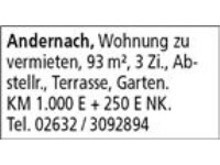 Andernach, Wohnung zu vermieten, 93 m², 3 Zi., Abstellr., Terrasse, Garten.  KM 1.000 E + 250 E NK.